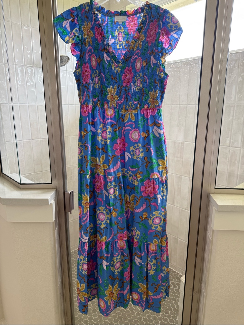 Sugarlips Blue Floral Maxi Dress with Smocked V-Neck